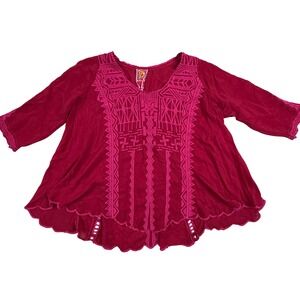 Johnny Was Magenta Embroidered Cupra Rayon Scalloped Boho Tunic Top Womens Small